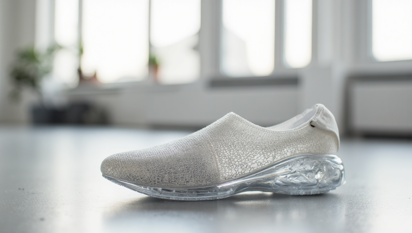 A stylized image showcasing the fusion of quality and innovation in shoe design. The scene depicts a half-finished shoe, one side showing the classic leather craftsmanship and the other side revealing a futuristic, technological design. The lighting is dramatic and focused, highlighting the contrast between the two sides. The color palette is a mix of warm and cool tones, representing tradition and innovation. The camera angle is a close-up shot to capture the details of the craftsmanship and the futuristic elements. Include texture details in the leather and the technological components. The overall style is artistic and thought-provoking, conveying a sense of progress and excellence.