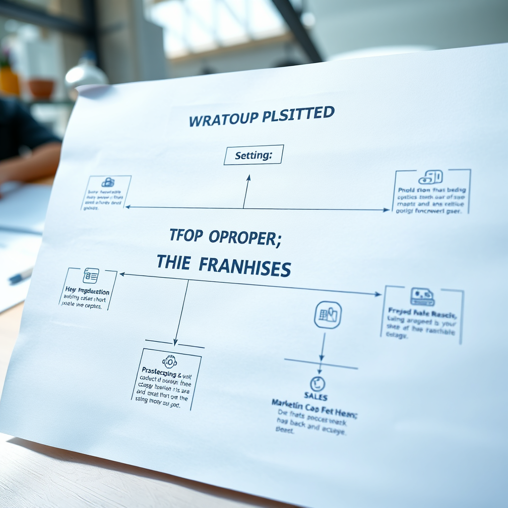 A photorealistic image showcasing a step-by-step guide to setting up a shoe franchise business. The scene depicts a flowchart with icons representing different stages of the process, such as planning, production, marketing, and sales. The lighting is bright and clear, highlighting the structure and clarity of the guide. The color palette is professional and organized, with blues and greens dominating the scene. The camera angle is a slightly elevated, wide shot to capture the entire flowchart. Include texture details in the paper and the icons. The overall style is informative and helpful, conveying a sense of guidance and support.