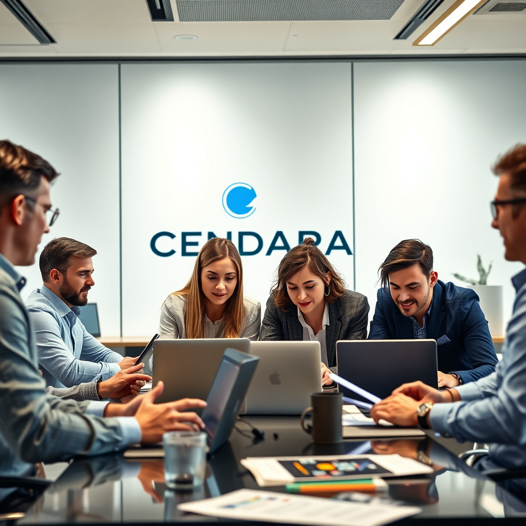 A photorealistic image showcasing a team of marketing professionals brainstorming and developing a marketing strategy for a shoe franchise business. The scene depicts a modern office setting with team members working on laptops and discussing ideas. The background subtly displays the CENDARA logo and branding elements. The lighting is bright and collaborative, creating a sense of energy and innovation. The color palette is modern and professional, with blues and grays dominating the scene. The camera angle is a medium shot to capture the faces and body language of the team members. Include texture details in the office environment and the marketing materials. The overall style is corporate and professional, conveying a sense of expertise and creativity.