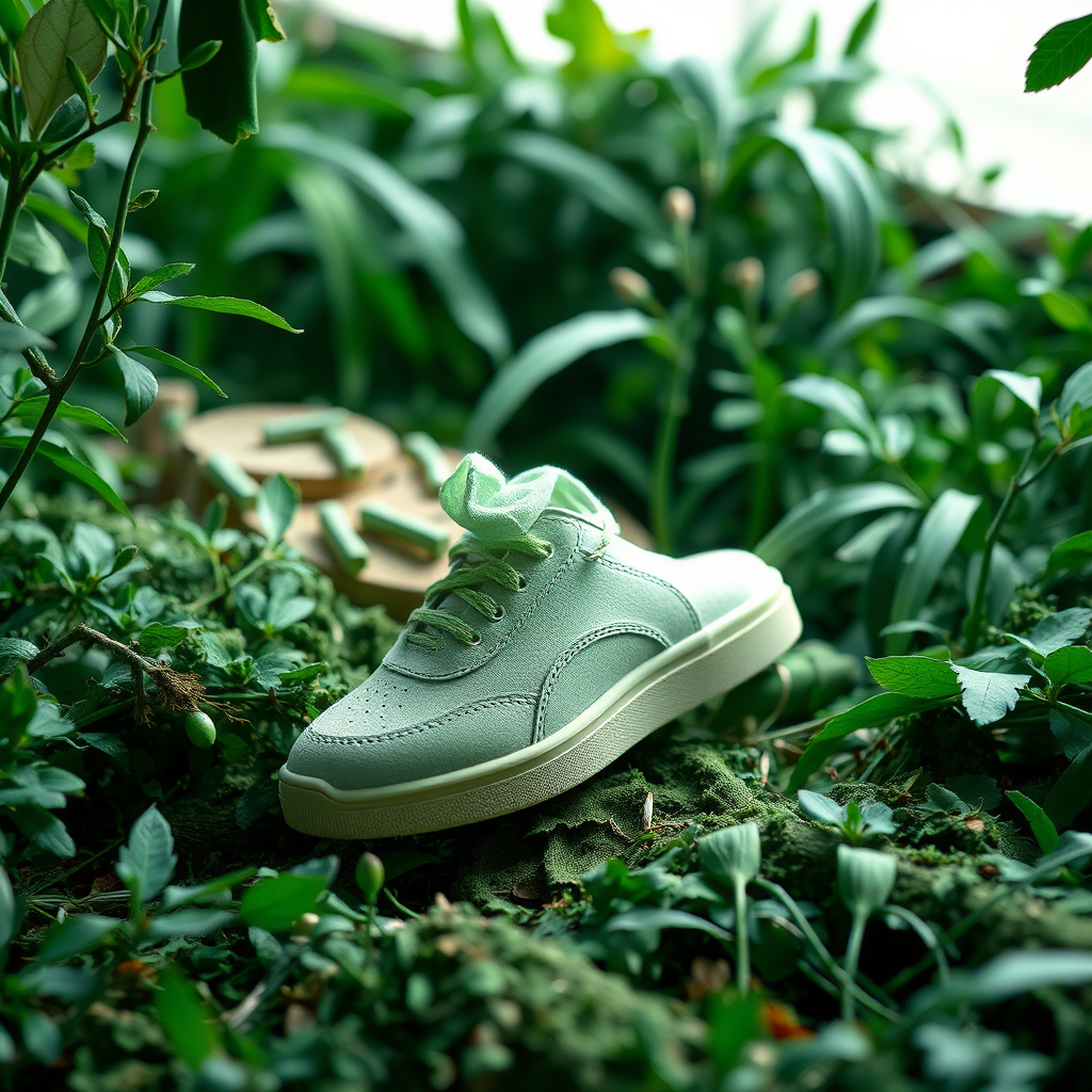 A stylized image showcasing a sustainable shoe production process. The scene depicts a shoe being made from eco-friendly materials in a green and natural environment. The lighting is soft and natural, highlighting the eco-friendly aspects of the production. The color palette is predominantly green and earthy, symbolizing sustainability and environmental awareness. The camera angle is a medium shot to capture the entire process and the various elements. Include texture details in the eco-friendly materials and the surrounding environment. The overall style is modern and eco-conscious, conveying a sense of responsibility and care for the environment.