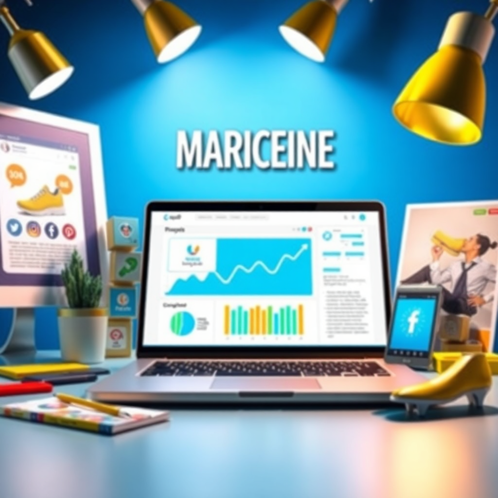 A stylized image showcasing various marketing tools and strategies for a shoe franchise business. The scene depicts a laptop displaying marketing analytics, a social media interface, and advertising materials. The lighting is bright and dynamic, highlighting the various marketing channels. The color palette is modern and eye-catching, with blues, greens, and yellows dominating the scene. The camera angle is a slightly elevated, wide shot to capture the entire marketing setup. Include texture details in the laptop screen, social media icons, and advertising materials. The overall style is innovative and professional, conveying a sense of cutting-edge marketing expertise.